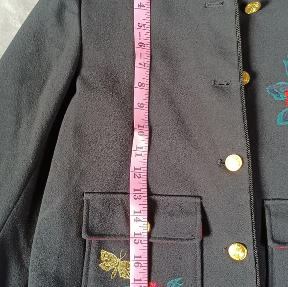and eawy women's jacket black and gold buttons floral embroidery sz 6 and pocket - Picture 9 of 12